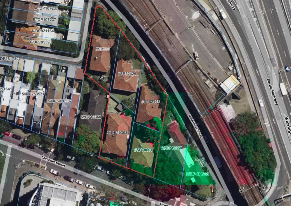 The site spans 2,304.5 sqm across five lots fronting Lavender and Middlemiss streets.
