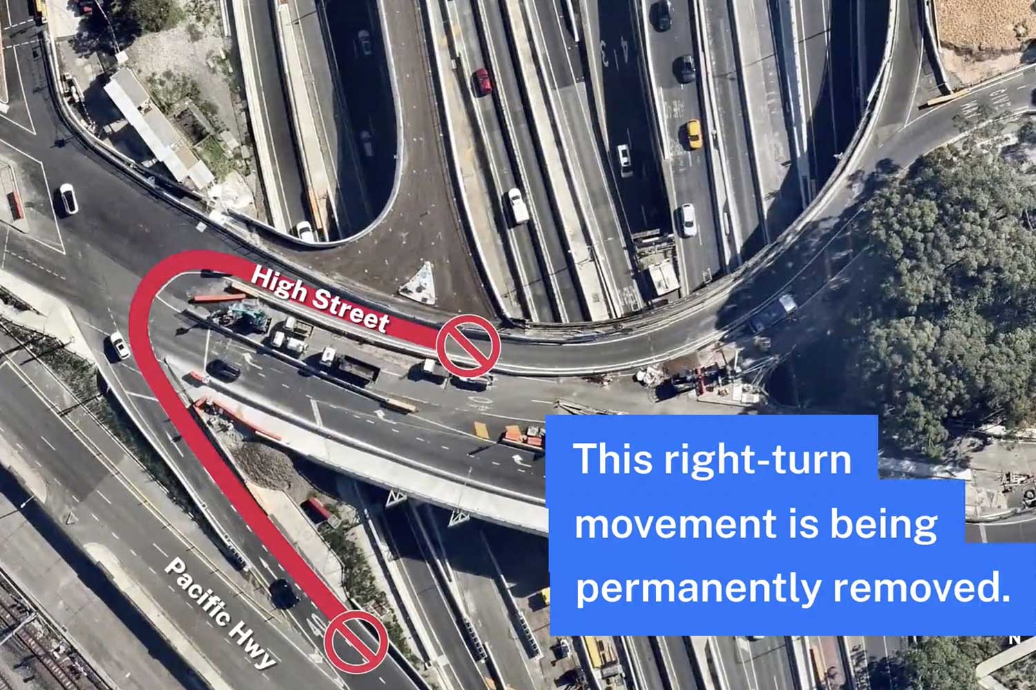 Transport for NSW will permanently close the right turn from the Pacific Highway off-ramp onto High Street in July.