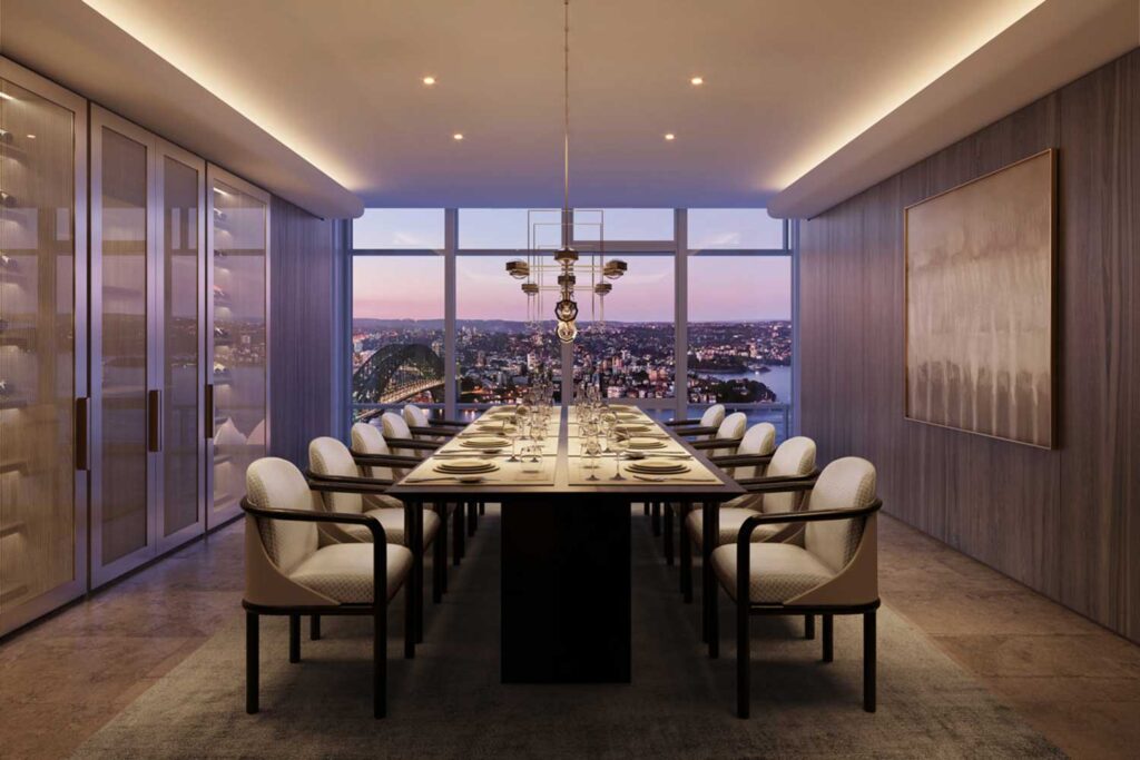 The living room of Cove at One Circular Quay, with views across the Sydney Opera House and Harbour Bridge.