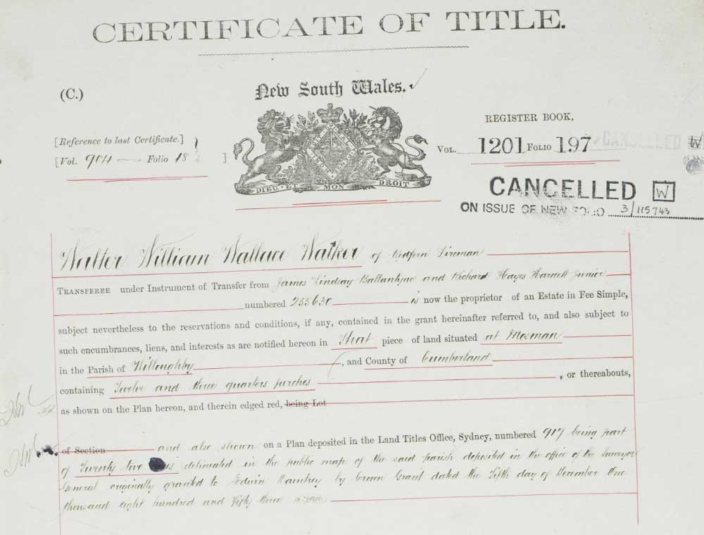 forgot-1 A cancelled New South Wales certificate of title for land at Mosman, Volume 1201 Folio 197.