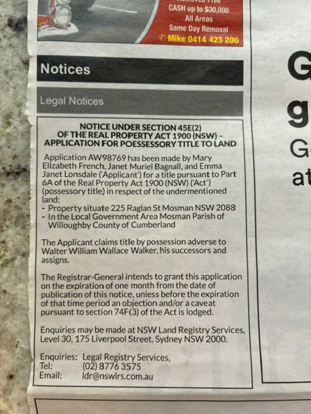 The newspaper public notice that sparked a true Mosman mystery.
