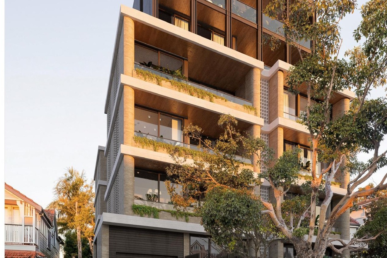 Render of the proposed six-storey block at 53 Bond Street, Mosman, rising beside the neighbouring cottage.