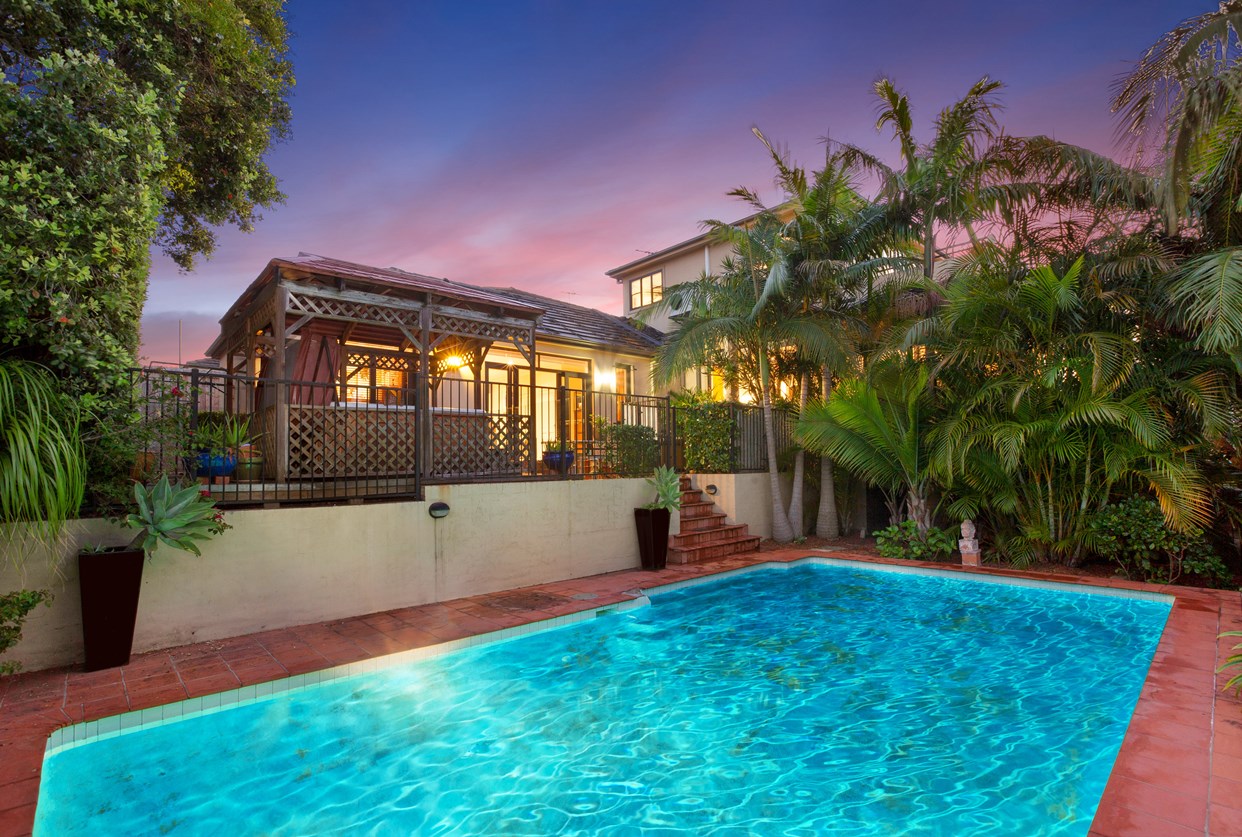 The pool and gazebo at the rear of 53 Bond Street, Mosman, the home that would be demolished.