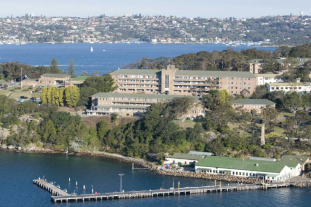 Aerial view of Middle Head and the HMAS Penguin naval wharf at Mosman.