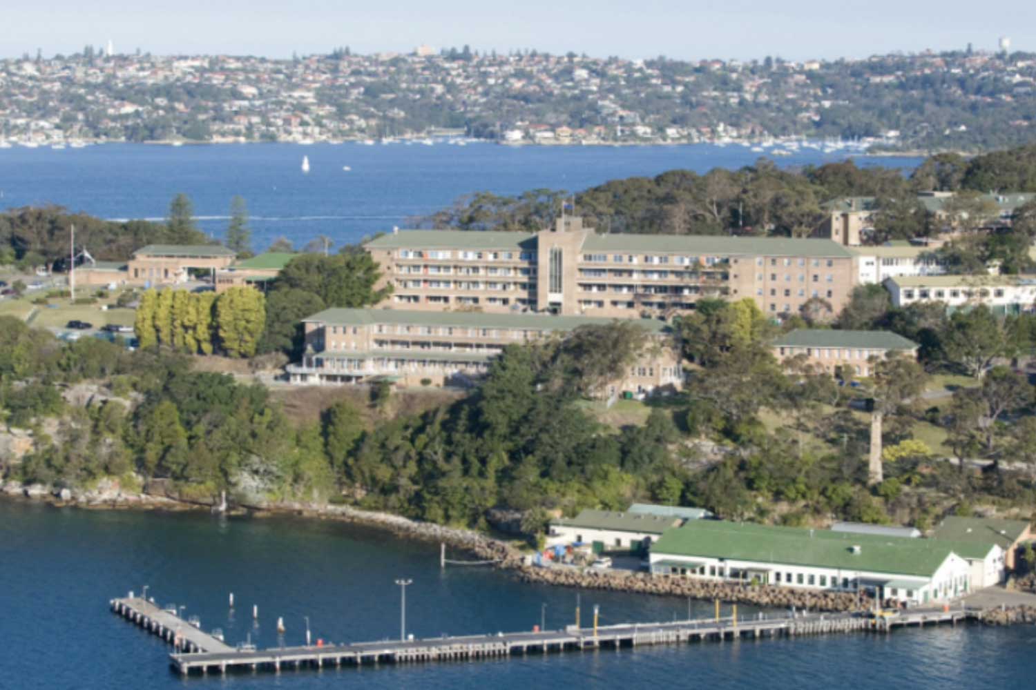 Aerial view of Middle Head and the HMAS Penguin naval wharf at Mosman.
