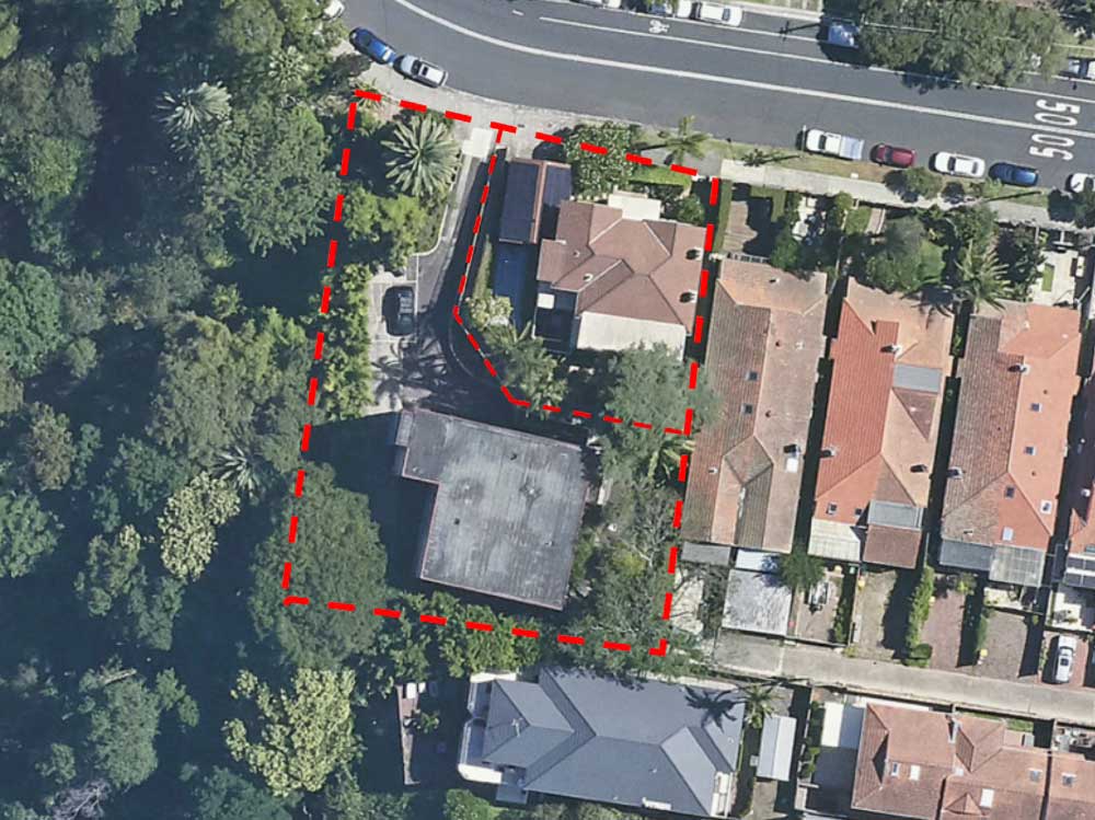 An aerial view of the amalgamated 1,434 sqm block, which backs onto Forsyth Park.