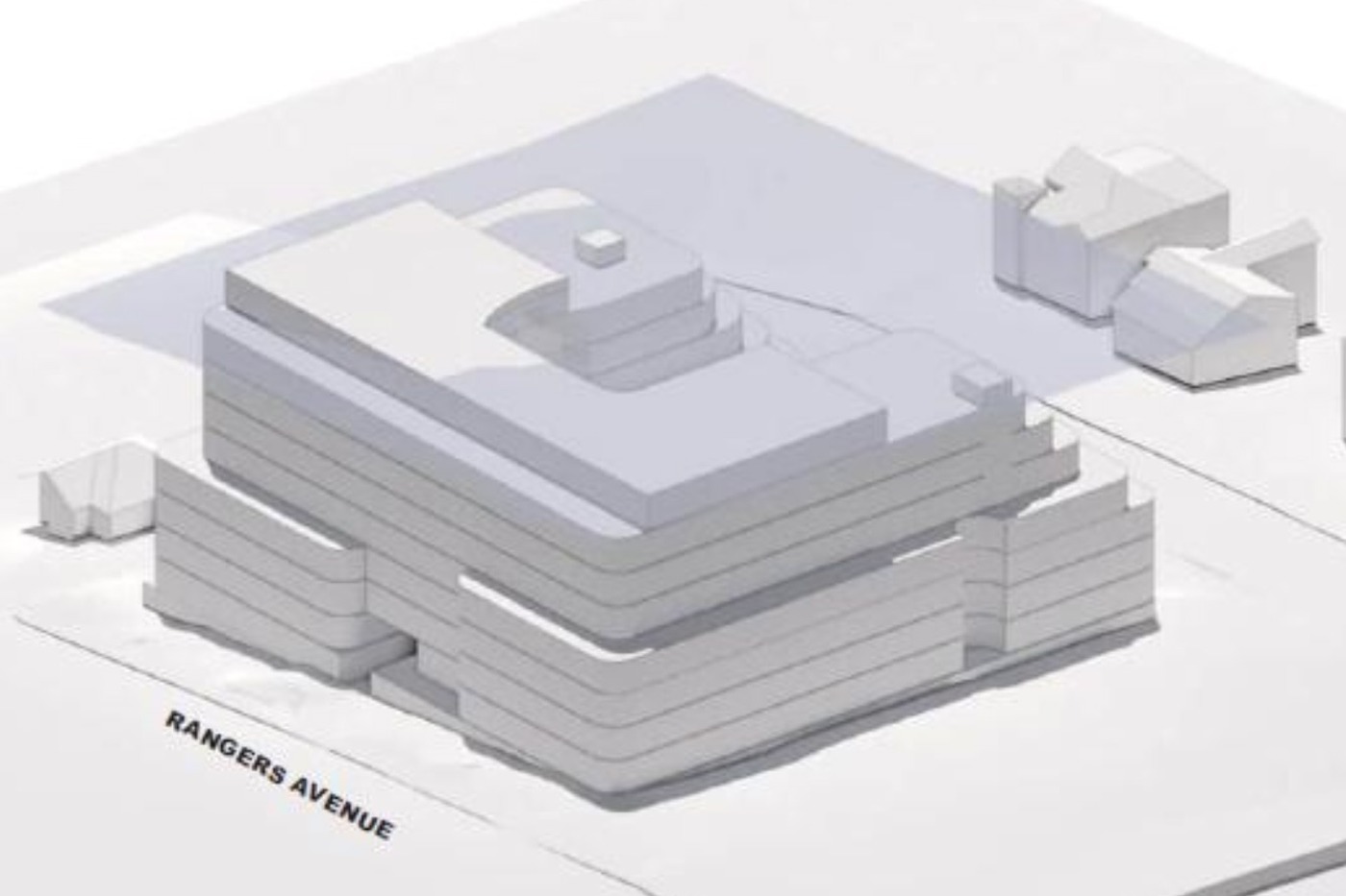 Massing render of the proposed part eight, part nine storey block seen from Rangers Avenue, Mosman.