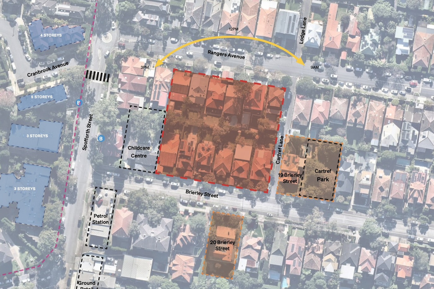 Aerial plan of the Rangers Avenue and Brierley Street site in Mosman, showing the childcare centre, Cartref Park and the heritage houses nearby.