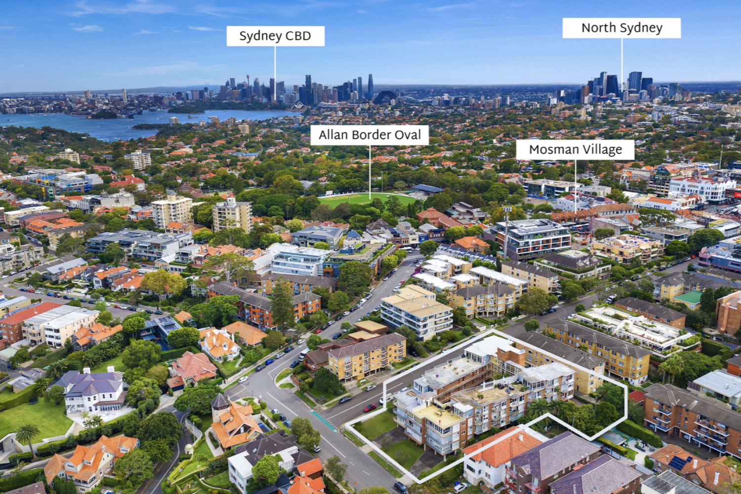Screenshot Aerial view showing 2 Clifford Street, Mosman, in relation to Mosman Village, Allan Border Oval, North Sydney and the Sydney CBD.