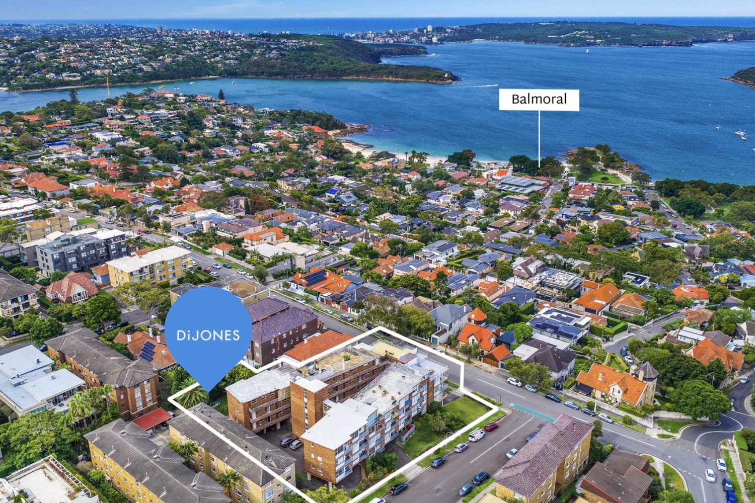 Screenshot Aerial view of 2 Clifford Street, Mosman, with the 3,002 square metre site outlined and Balmoral behind.