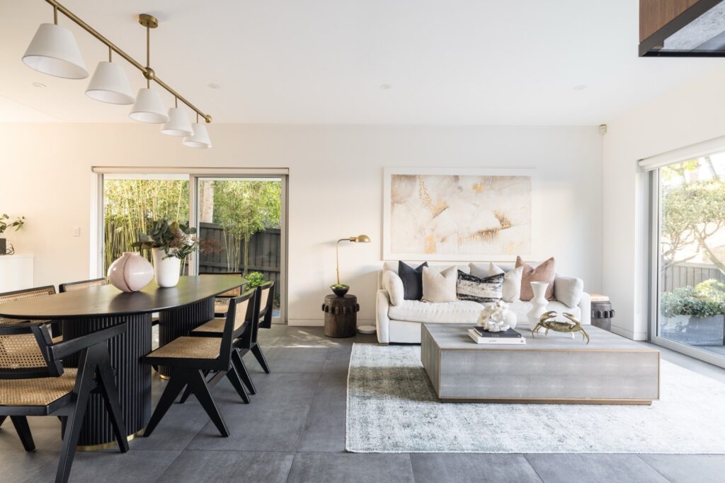 The combined living and dining space at 51 Young Lane, Cremorne, opening to the terrace.
