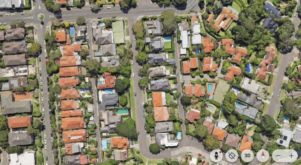 Muston St and Raglan St from the air Google Earth aerial view of Muston St and Raglan St, Mosman, showing rows of houses with terracotta roofs, leafy backyards and swimming pools.