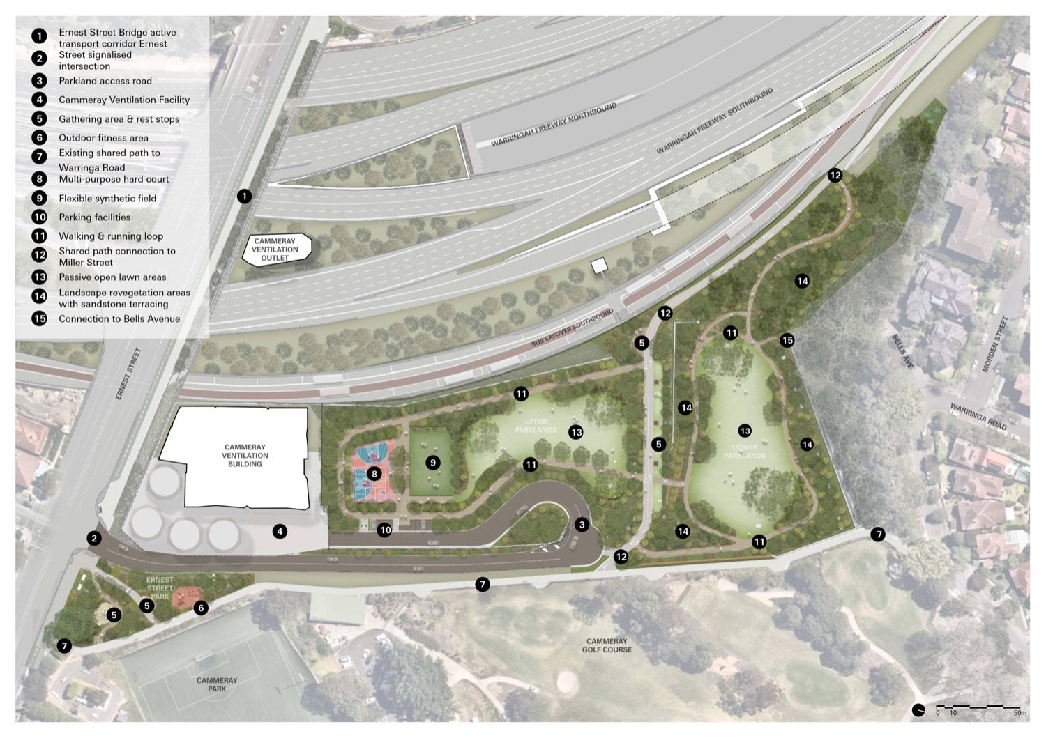 Labelled concept plan for Cammeray Parklands between the Warringah Freeway and Cammeray Golf Course.