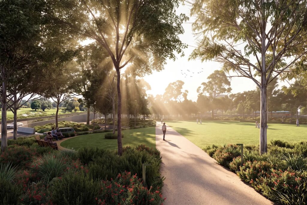 Artist's impression of the new Cammeray Parklands beside the Warringah Freeway and Cammeray Golf Course.