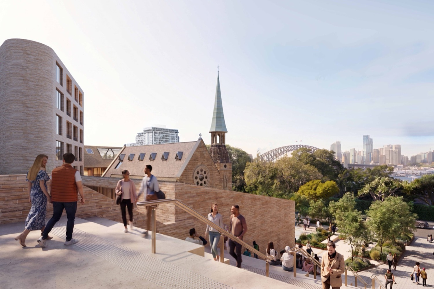 Artist's impression of the proposed stairs beside St Francis Xavier Church, looking towards the Sydney Harbour Bridge.