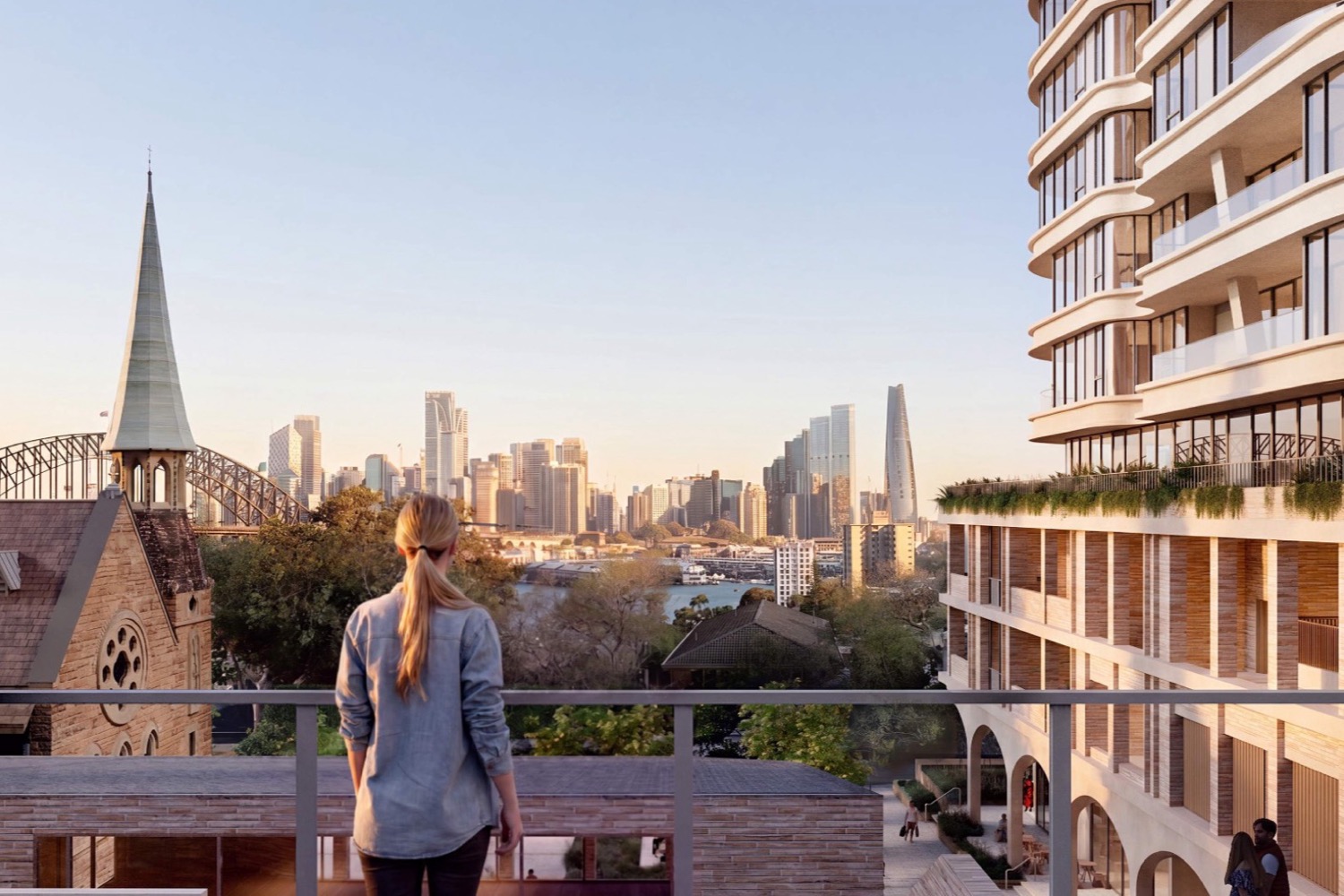 Artist's impression of the harbour and city view from the proposed Lavender Bay tower, with the church spire in the foreground.