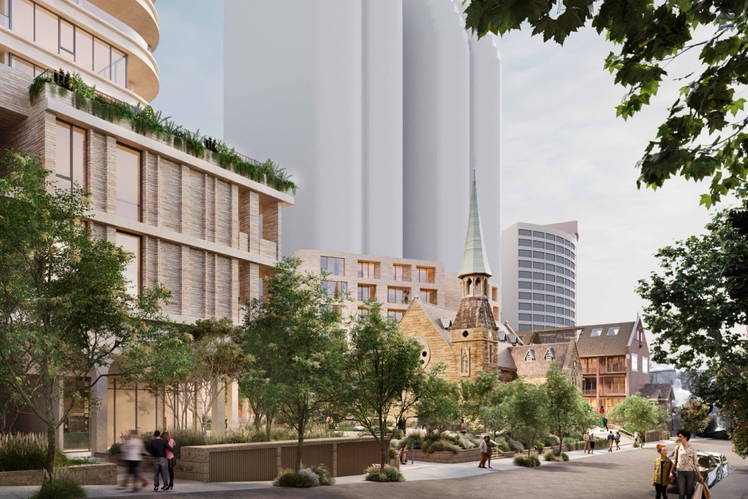 Artist's impression of the proposed Mackenzie Street frontage at Lavender Bay, with St Francis Xavier Church retained.