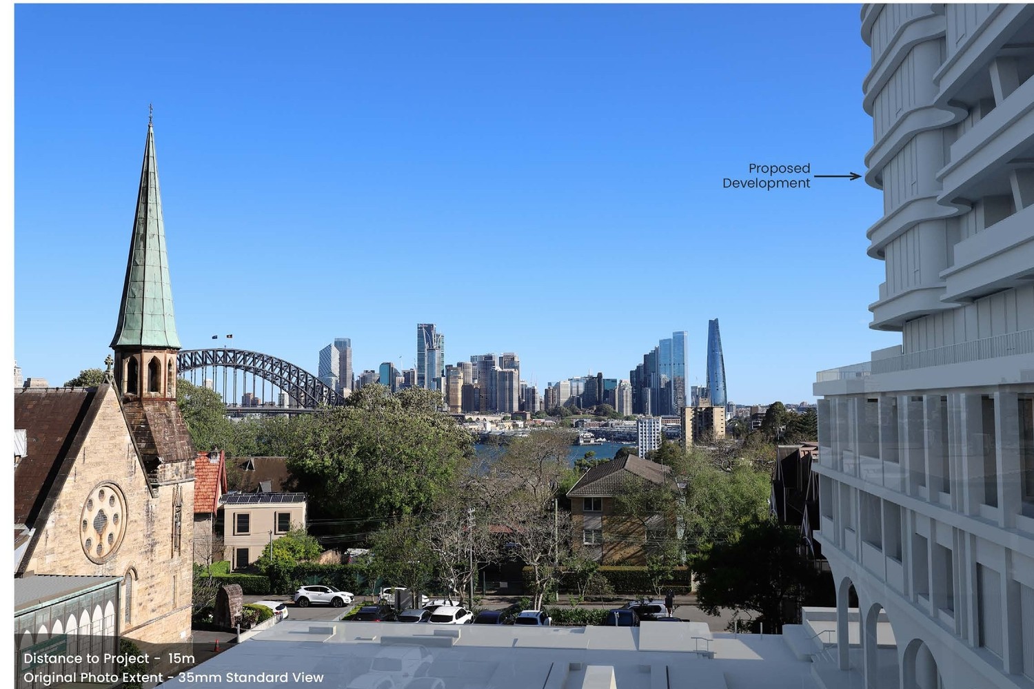 The same view from Blue Street Plaza with the proposed Lavender Bay tower superimposed, 15 metres from the camera.