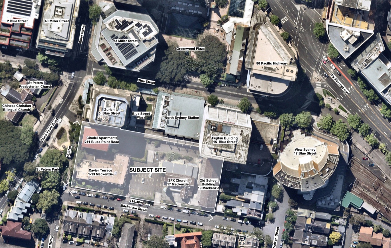 Site plan from the State Significant Development application showing Xavier Terrace, St Francis Xavier Church and the old school building on Mackenzie Street.