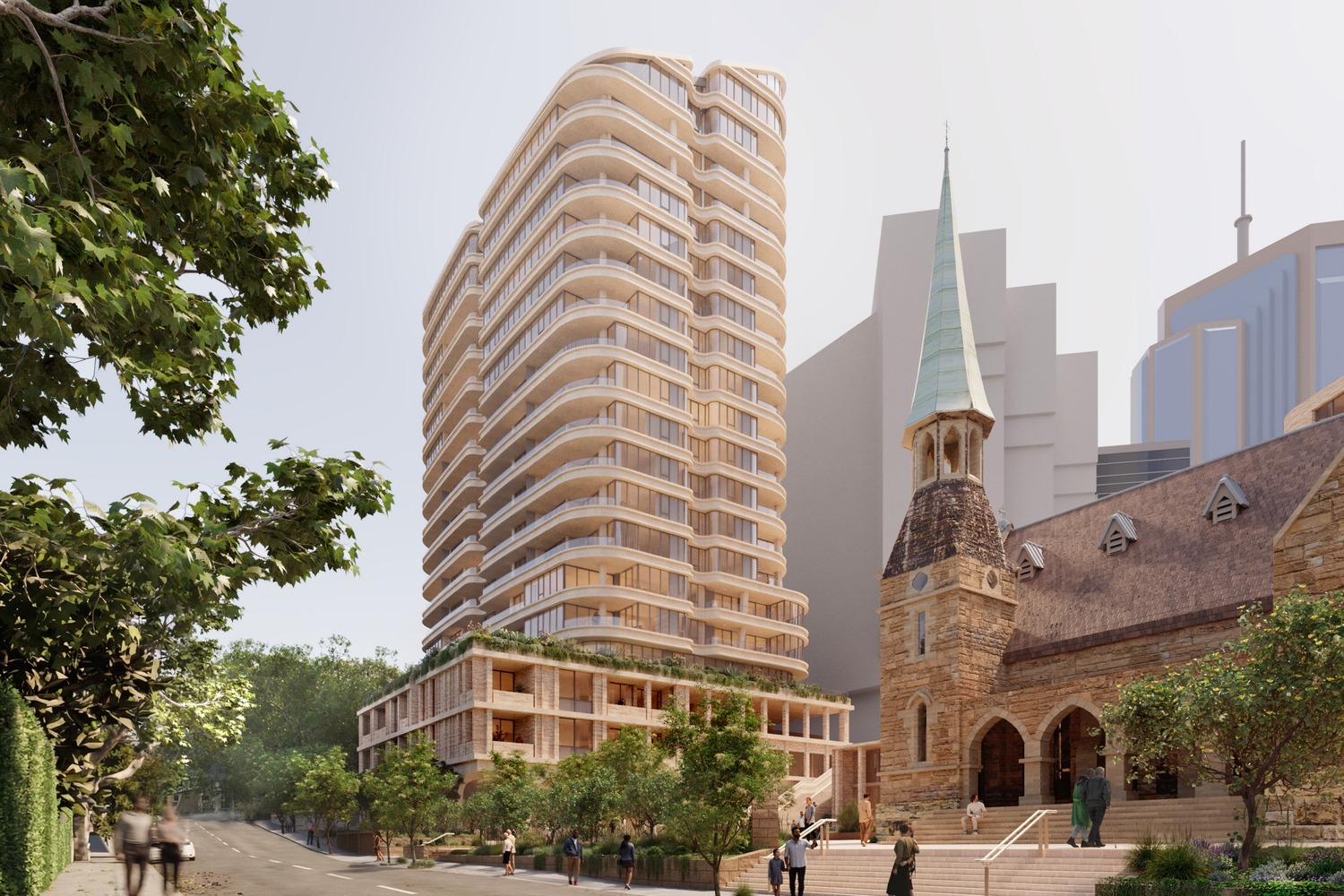 lavender-bay-tower-mackenzie-street-hero Artist's impression of the proposed 20-storey tower beside St Francis Xavier Church, looking west along Mackenzie Street, Lavender Bay.
