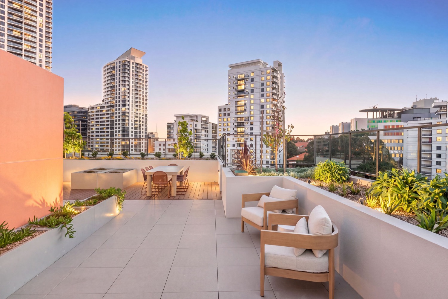 Rooftop terrace at Northcote Collective, Naremburn, looking towards the St Leonards towers.
