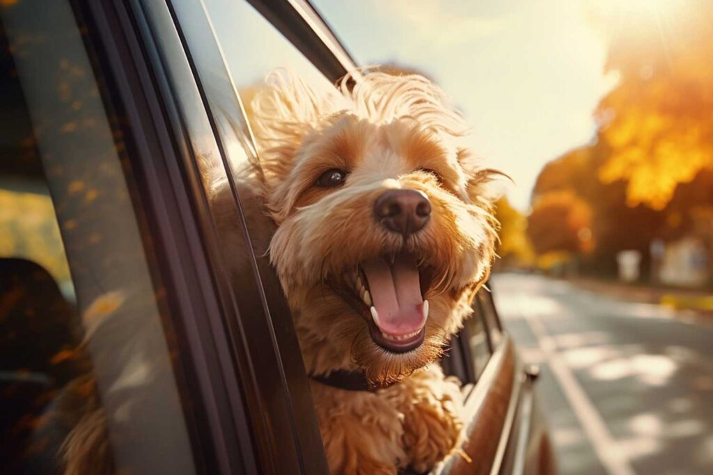 dog with head outside car window with tongue out