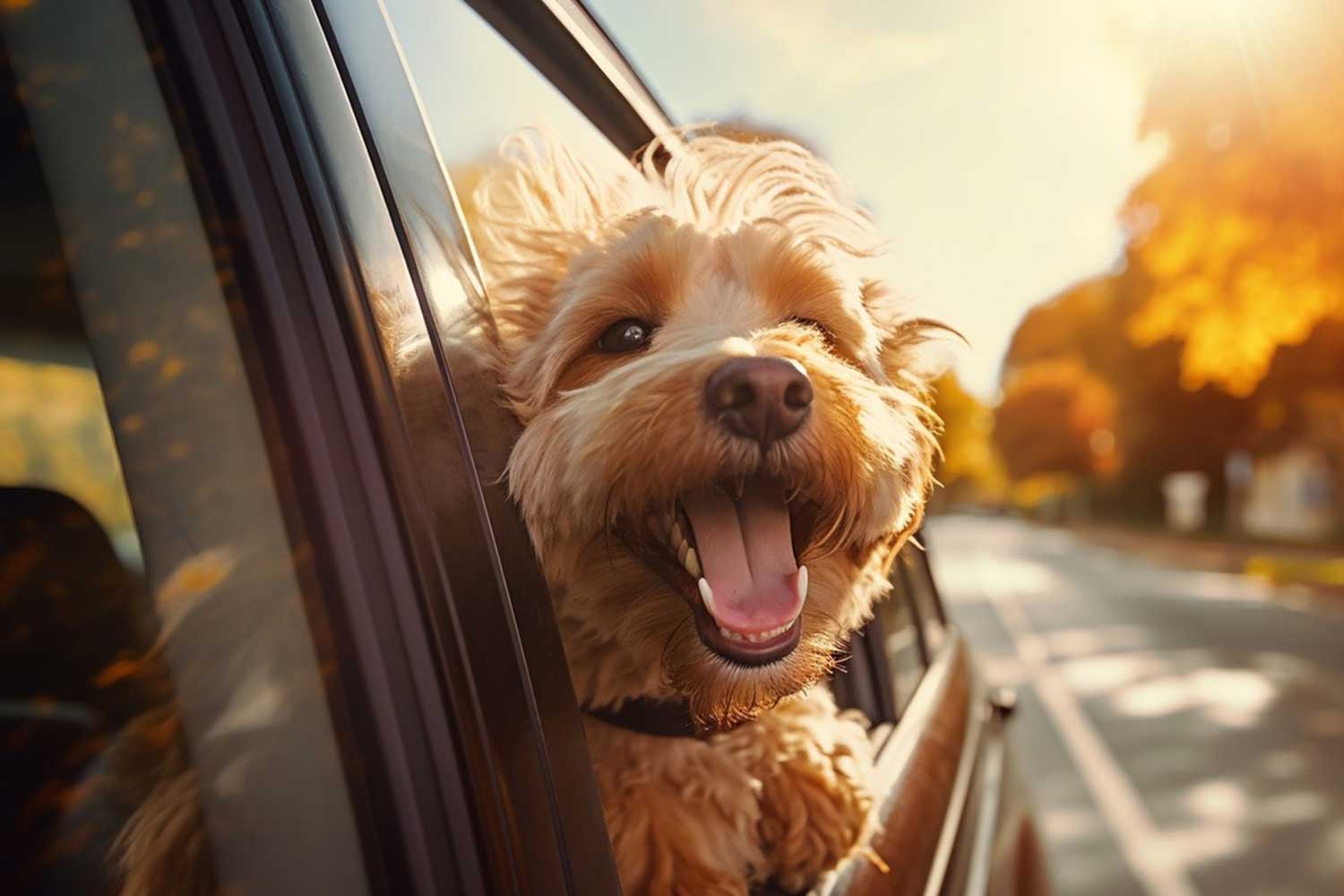dog with head outside car window with tongue out