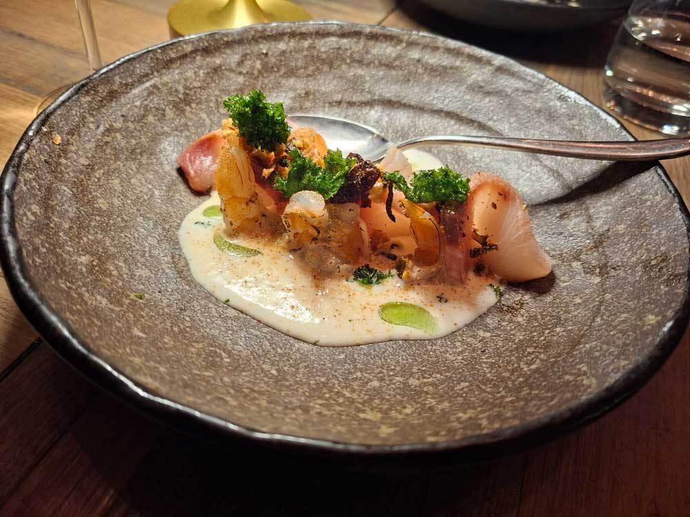 Bluefin Tuna and Salmon Mille-Feuille with soy milk, crème fraiche and yuzu