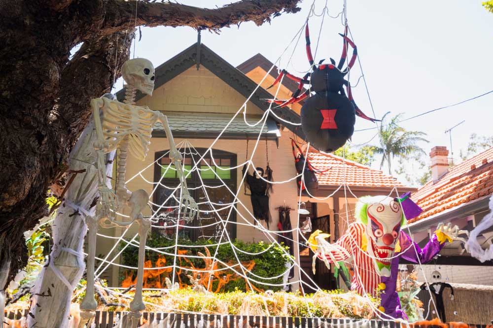 Halloween skelton and spider webs Halloween skelton and spider webs in front yard of house
