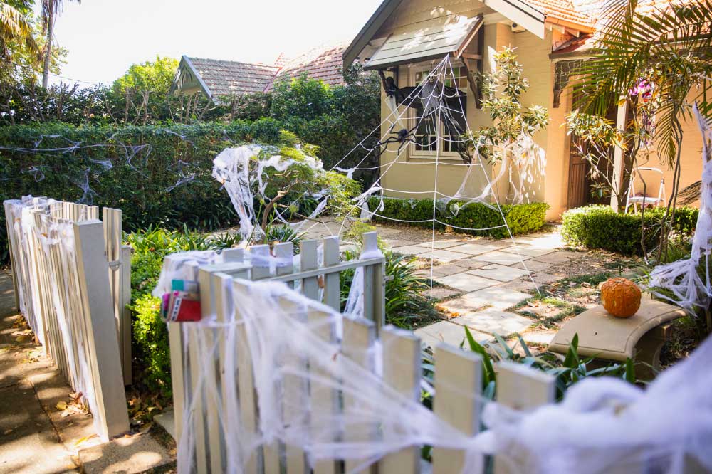 Front yard decorated in Halloween trinkets Front yard decorated in Halloween trinkets