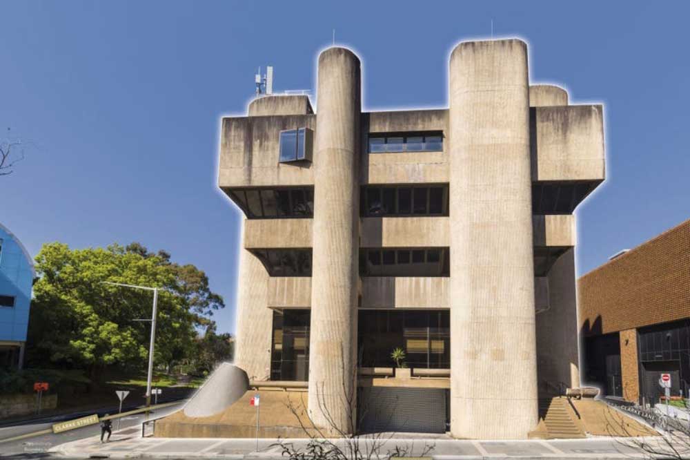 Brutalist style building was designed by Architect Geoff Malone Brutalist style building was designed by Architect Geoff Malone